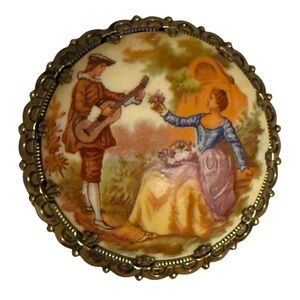 Vtg ceramic & gold tone brooch w/Fragonard style scene Women's costume jewelry